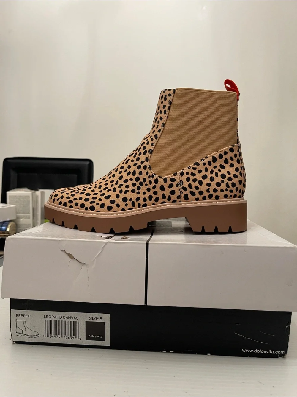Dolce Vita Leopard Print Chelsea Boot in Tan and Black with Red Pull Tab Women’